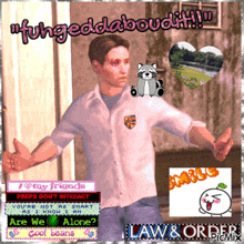 a man in a white shirt is surrounded by a bunch of stickers including one that says " law & order picmix "