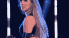 a woman with long blonde hair is standing in front of a blue light