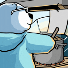 a cartoon drawing of a bear wearing glasses cooking in a pot