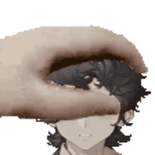 a pixel art of a person 's face with a hand covering it