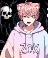 a boy with cat ears is wearing a hoodie with the word zox on it and a skull in the background .