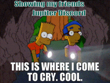 bart simpson and milhouse from the simpsons standing next to each other in a cave with the words showing my friends jupiter discord