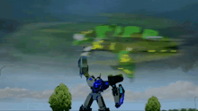 a cartoon drawing of a robot flying through the air