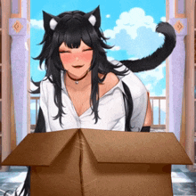 a girl with cat ears is sitting in a cardboard box with her eyes closed