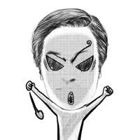 a black and white drawing of a man with a long tongue sticking out of his mouth