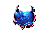 a blue heart with devil horns and a red background