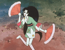 a cartoon drawing of a woman holding a fan