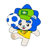 a cartoon of a lion wearing a green hat and holding a blue soccer ball