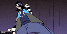 a cartoon character named zoey is standing on a stage
