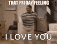 a man is dancing in a living room with the words `` that friday feeling i love you '' written above him .