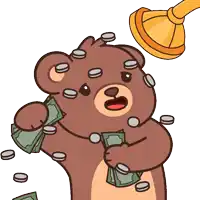 a cartoon of a teddy bear holding a bunch of money