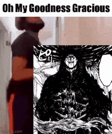 a man with a beard is standing next to a black and white drawing of a demon .