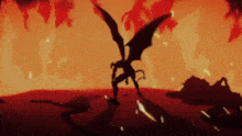 a silhouette of a demon with wings is standing in a field