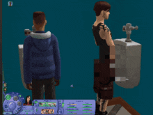 a man with a tattoo on his arm shakes hands with another man in front of urinals