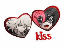 a couple of hearts with the word kiss in red