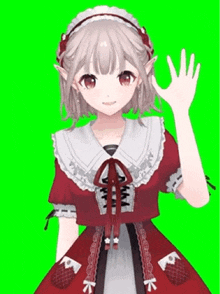 a girl in a red dress and headband is waving her hand .