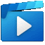 a blue play icon with a white triangle in the middle on a white background .