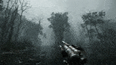 a person is holding a rifle in a foggy forest