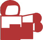 a red and white icon of a camera with a white circle around it .