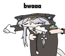 a cartoon of a girl wearing a cat costume with the word bwaaa written on the bottom .
