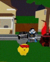 a bunch of cartoon characters are standing in front of a house in a video game .