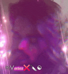 a close up of a man 's face with a beard in a purple light
