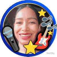 a woman is smiling in a blue circle with a guitar and microphone