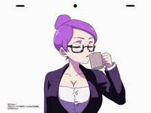 a cartoon of a woman with purple hair drinking from a cup