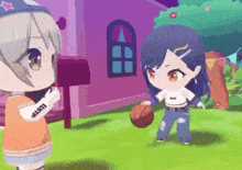 two anime girls are playing with a basketball in a video game