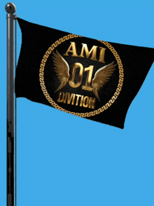 a black and gold flag with the words ami 01 division on it