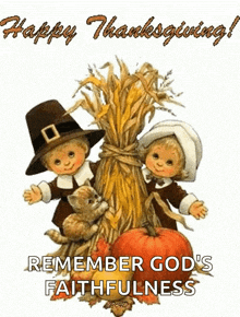a happy thanksgiving greeting card with two pilgrims and a pumpkin