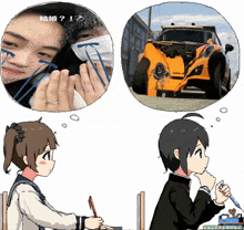 a cartoon of a girl sitting at a desk and a boy thinking