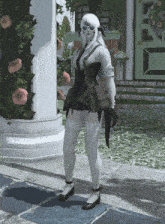 a woman with white hair and sunglasses is standing in front of a white building