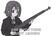 a black and white drawing of a girl in a school uniform holding a gun .