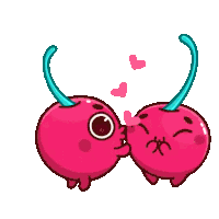 two cartoon cherries kissing each other with hearts flying around them