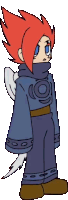 a cartoon character with red hair and white wings is wearing a blue robe