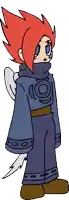 a cartoon character with red hair and white wings is wearing a blue robe