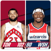 two basketball players one from the raptors and the other from the wizards pose for a photo