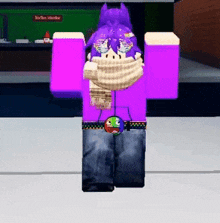a cartoon character is wearing a purple shirt and a scarf around her neck