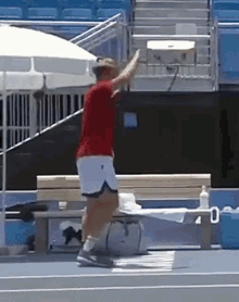 a man in a red shirt stands on a tennis court