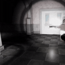 a black and white photo of a room with a shadow of a person