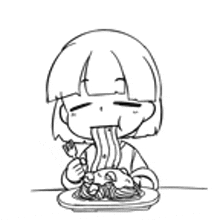 a black and white drawing of a girl eating spaghetti with a fork and knife .