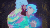 a pixel art of a man and a boy holding hands .