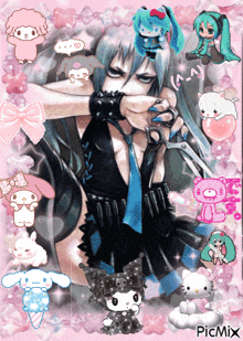 a picture of a girl with a pair of scissors surrounded by hello kitty and other cartoon characters