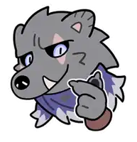 a cartoon drawing of a wolf with blue eyes pointing at something
