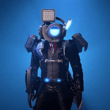 a man in a suit has a camera on his head with a blue light