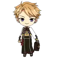 a chibi anime character is holding a briefcase and waving .