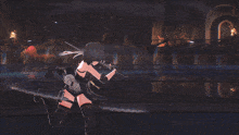 a girl in a black top is holding a large sword
