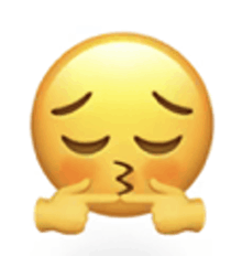 a yellow smiley face with its eyes closed and its hands on its face .