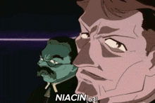 two men are looking at each other with the word niacin in the corner